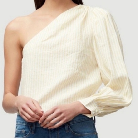 Frame Denim Linen One Shoulder Long Puff Sleeve Yellow Striped Blouse Top XS - Picture 3 of 11